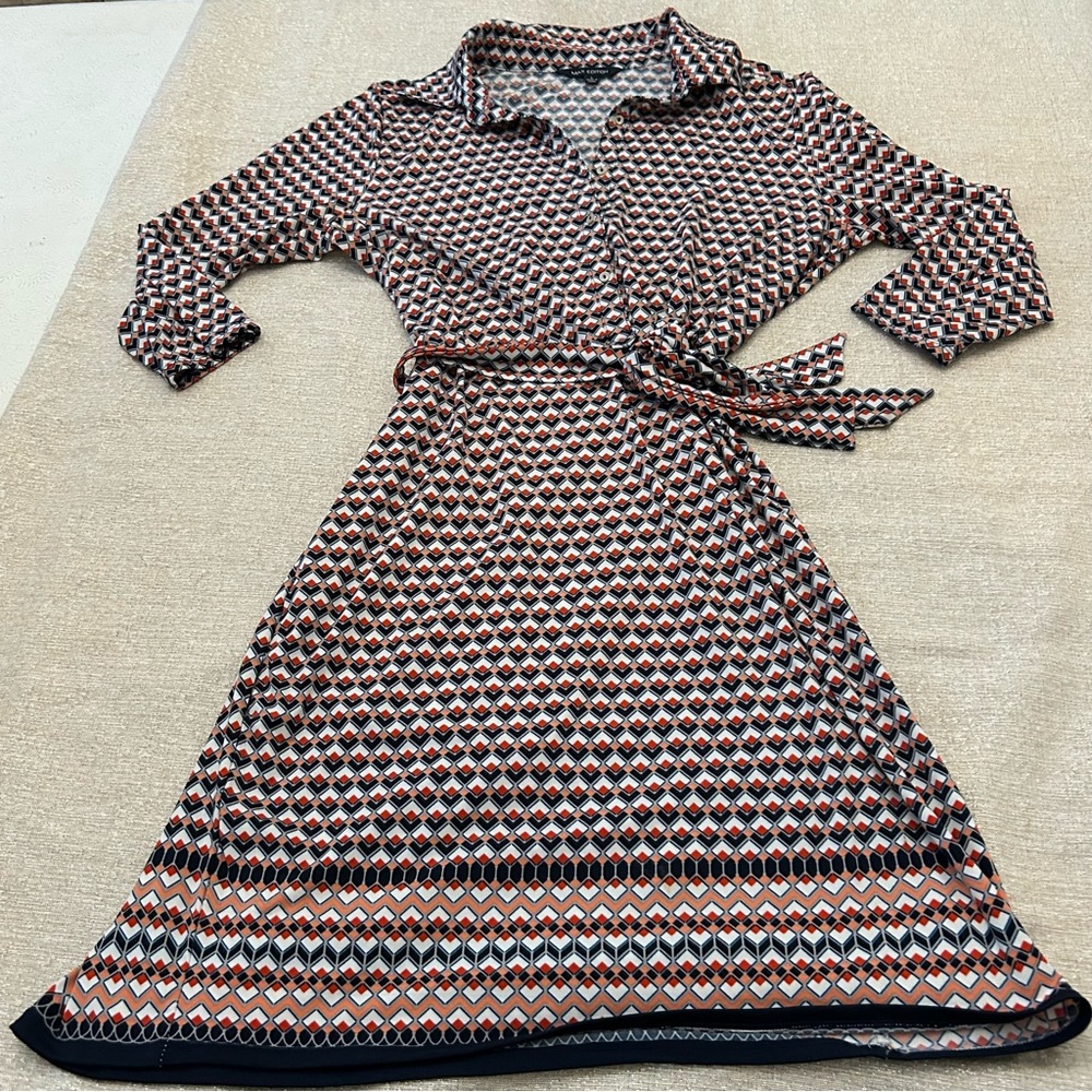 Button‎ Collared Dress Midi Waisted Tie Geometric Patterned Print Poly/Spandex L